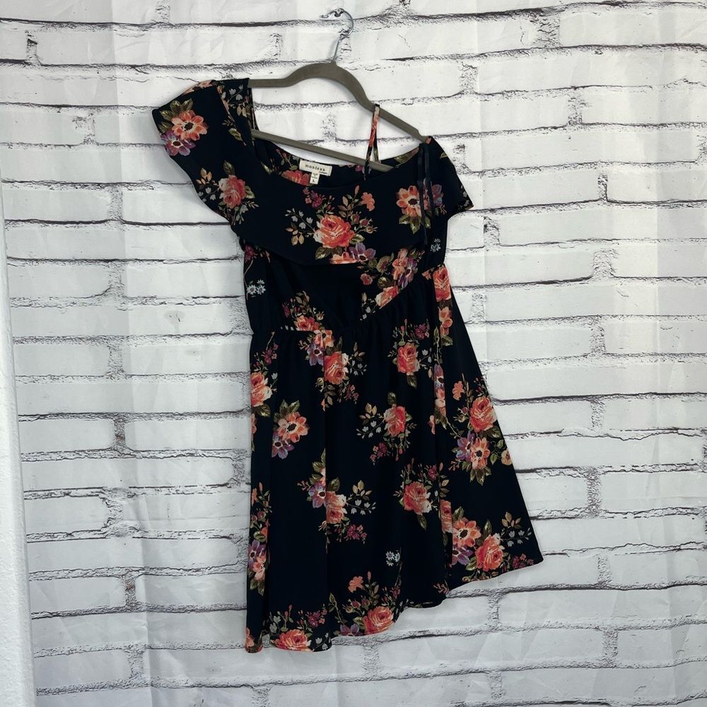 Monteau Black Floral Fit & Flare Mini Dress Women’s Large Short Sleeve Orange